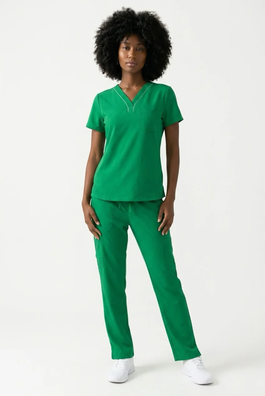 EliteMed Y-neck scrub top and straight pant, worn, full length