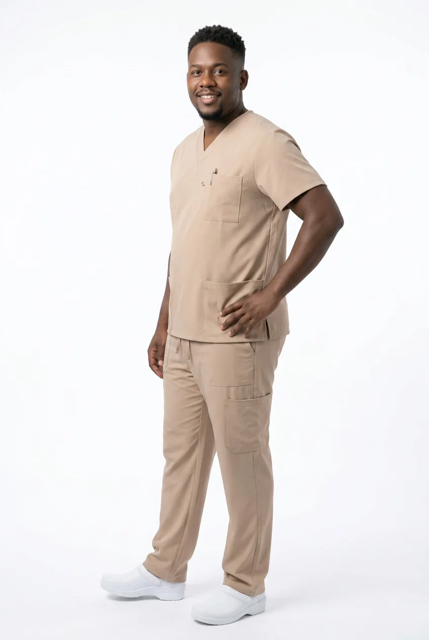 ScrubAid men's V-neck scrub top and straight-leg cargo pant, worn, full length