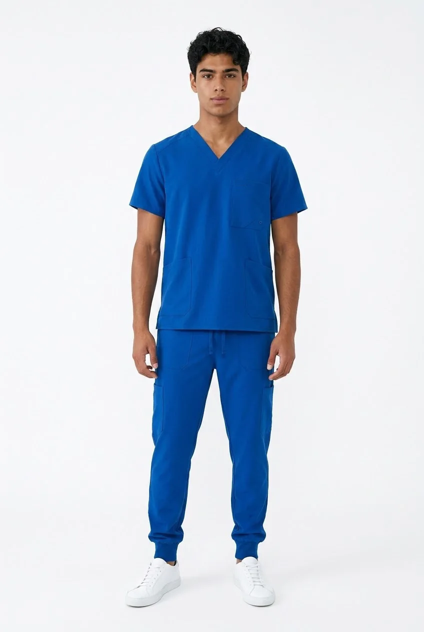 ScrubAid men's V-neck scrub top and jogger blue, worn, full length