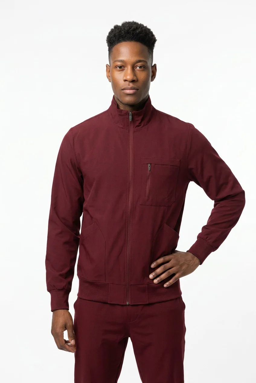 ScrubAid men's zip-front warm-up jacket in burgundy, worn