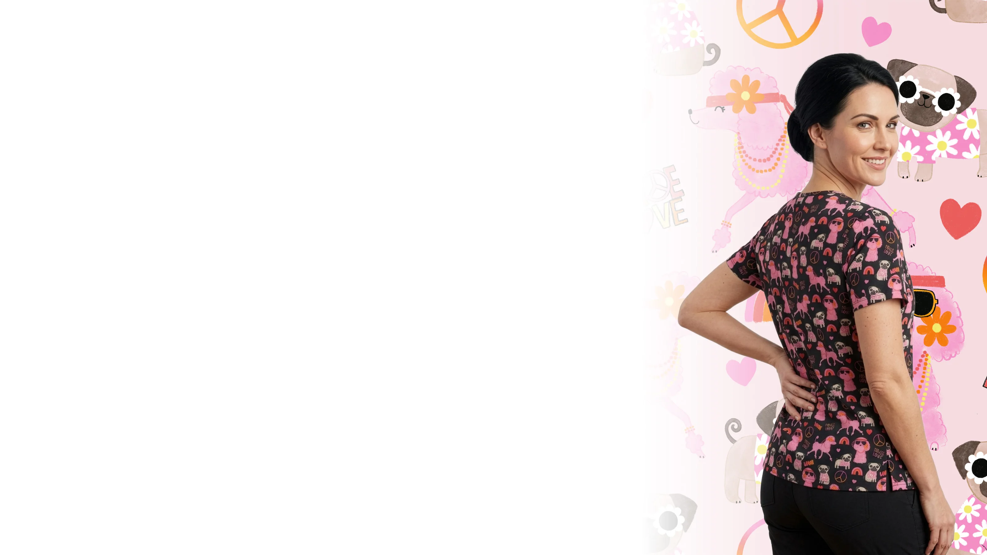 ScrubAid printed scrub top, worn, three-quarter view over the shoulder